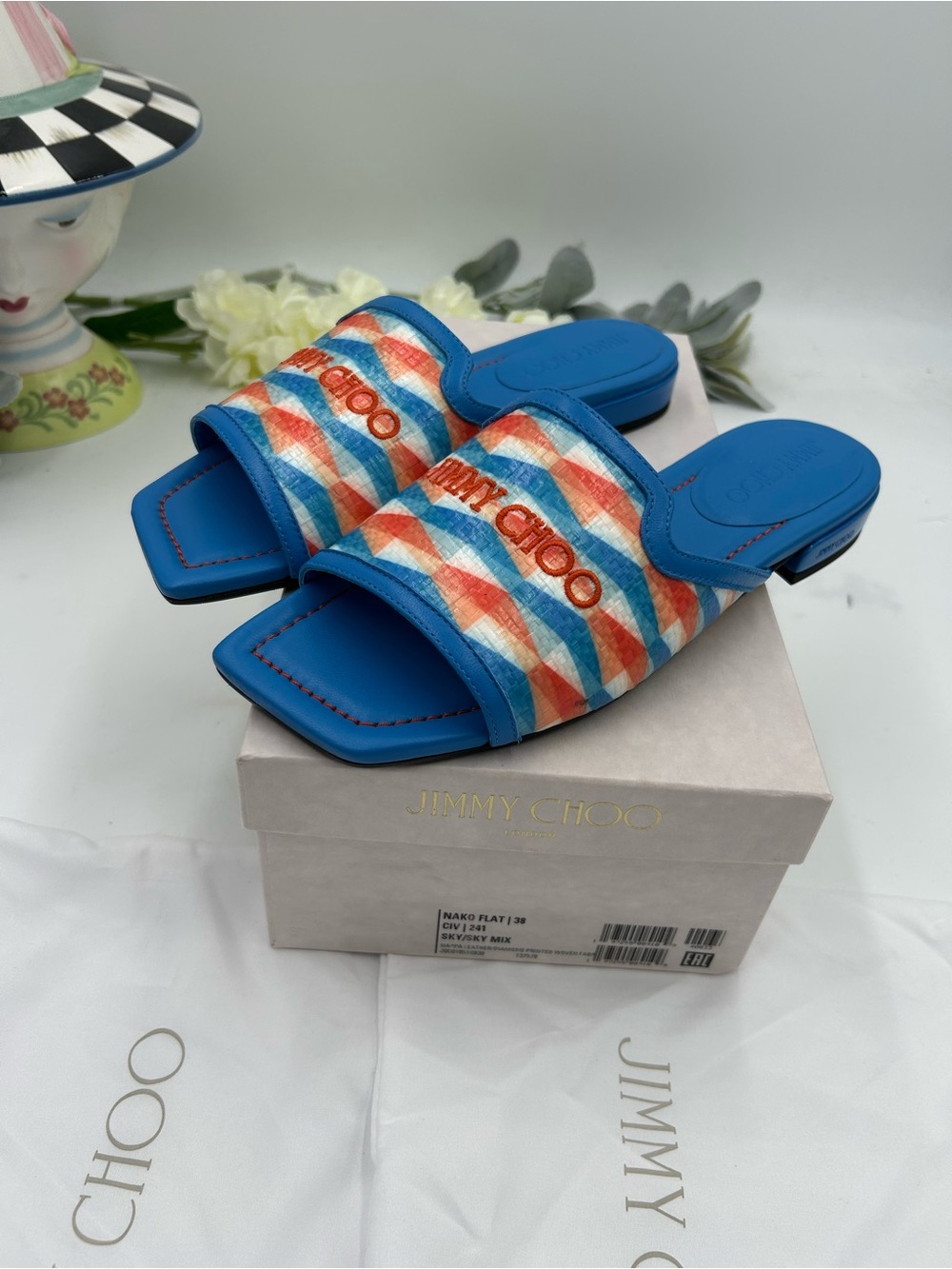 Women's Jimmy Choo Bright Blue Multicolor Patterned Slide Sandals size 38 - Picture 9 of 10